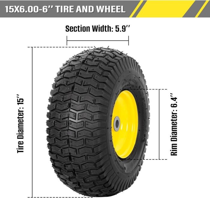 2 PCS Exact Replacement 15x6.00-6" Front Tires and Wheel Assembly for John Deere Riding Mowers, Compatible with John Deere 100 and 300 Series, 3" Offset Hub, 3/4" or 5/8" or 1/2" Bushings - Image 3