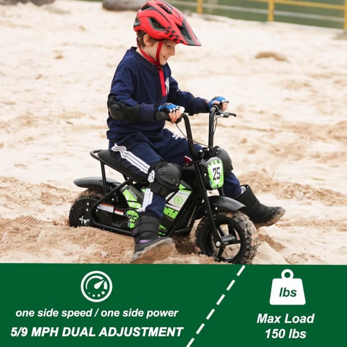 Electric Dirt Bike for Kids- 250W Peak Motor, 24V 9AH Battery, Up to 12MPH & 12 Miles Range, Max Load 100 LBS, Off-Road Tire, 2-Speed Electric Motorcycle for Ages 3-11,Green - Image 6