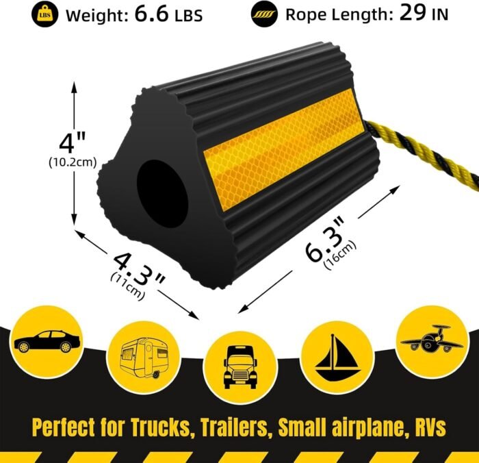 Wheel Chocks (2pair/4pack with Rope) for RV Trailer Camper Truck Car Aircraft, Versatile Heavy Duty Rubber Wheel Chocks Block with 3 Reflective Strips, Tire Wheel Immobilizers & Chocks - Image 3