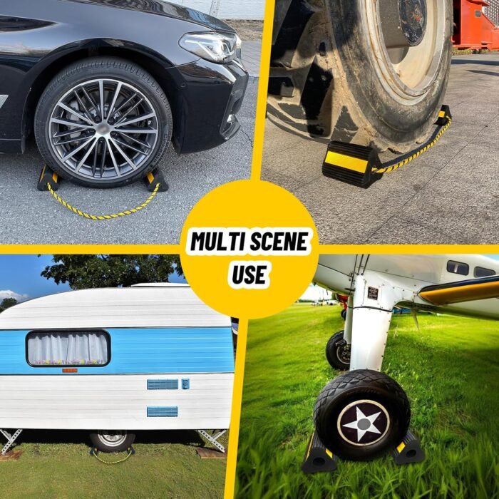 Wheel Chocks (2pair/4pack with Rope) for RV Trailer Camper Truck Car Aircraft, Versatile Heavy Duty Rubber Wheel Chocks Block with 3 Reflective Strips, Tire Wheel Immobilizers & Chocks - Image 5
