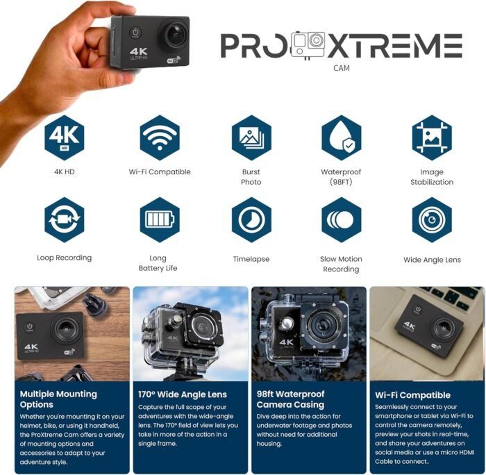 Pro Xtreme 4K Action Camera - Ultra HD Waterproof Camera Video Camera with Wi-Fi, 170° Wide Angle Lens, Image Stabilization, Multiple Mounting Options - Perfect Underwater Camera Snorkeling - Image 3
