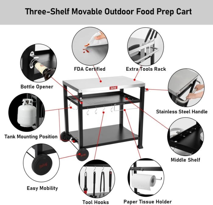 3-Shelf Outdoor Grill Table,Pizza Oven Table for Outside,Movable Grill Cart with Wheels,Indoor & Outdoor Cooking Station, Pizza Oven Stand for Ooni Blackstone Griddle 33.5”x 21.7” - Image 5