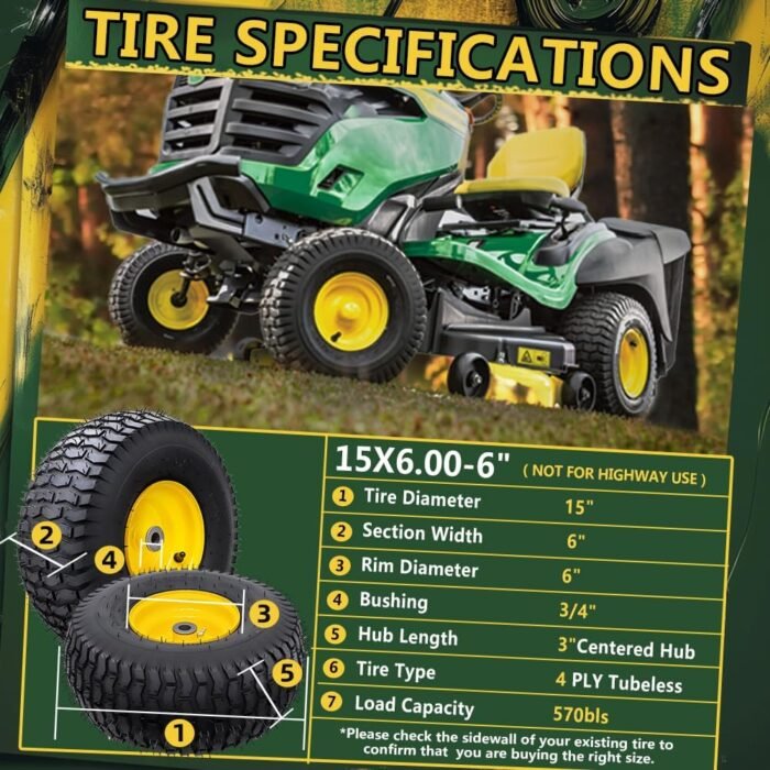 15x6.00-6 Tubeless Tire and Wheel Assembly(2 Pack) ，Replacement Riding Lawn Mower Front Tires,Compatible withRiding Mowers and Lawn Tractor, 3" Centered Hub and 3/4" Bushings（Yellow) - Image 3