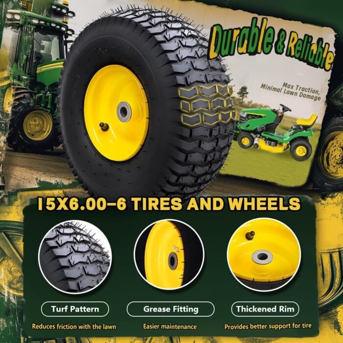 15x6.00-6 Tubeless Tire and Wheel Assembly(2 Pack) ，Replacement Riding Lawn Mower Front Tires,Compatible withRiding Mowers and Lawn Tractor, 3" Centered Hub and 3/4" Bushings（Yellow) - Image 4