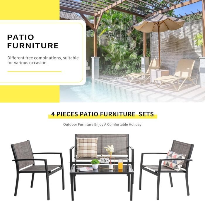 Shintenchi 4 Pieces Patio Furniture Set All Weather Textile Fabric Outdoor Conversation Set, with Glass Coffee Table, Loveseat, 2 Single Chairs for Home, Garden, Lawn, Porch（Light Brown） - Image 3