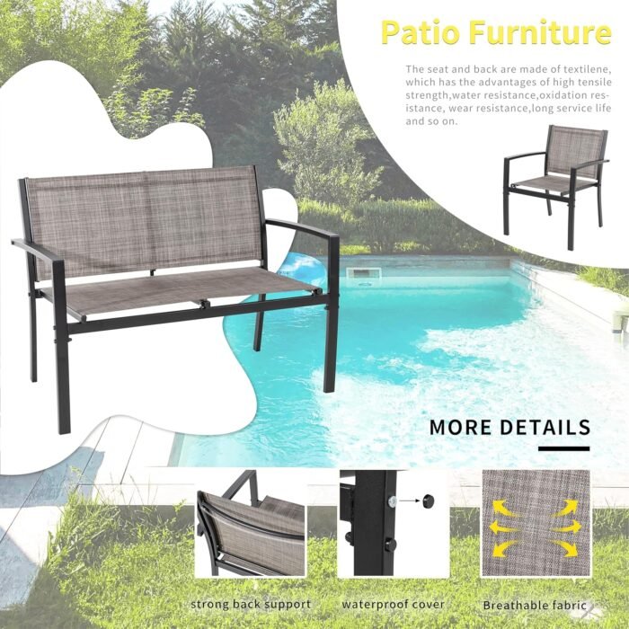 Shintenchi 4 Pieces Patio Furniture Set All Weather Textile Fabric Outdoor Conversation Set, with Glass Coffee Table, Loveseat, 2 Single Chairs for Home, Garden, Lawn, Porch（Light Brown） - Image 4