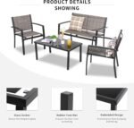 Shintenchi 4 Pieces Patio Furniture Set All Weather Textile Fabric Outdoor Conversation Set, with Glass Coffee Table, Loveseat, 2 Single Chairs for Home, Garden, Lawn, Porch（Light Brown） - Image 5