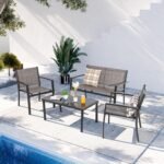 Shintenchi 4 Pieces Patio Furniture Set All Weather Textile Fabric Outdoor Conversation Set, with Glass Coffee Table, Loveseat, 2 Single Chairs for Home, Garden, Lawn, Porch（Light Brown） - Image 6