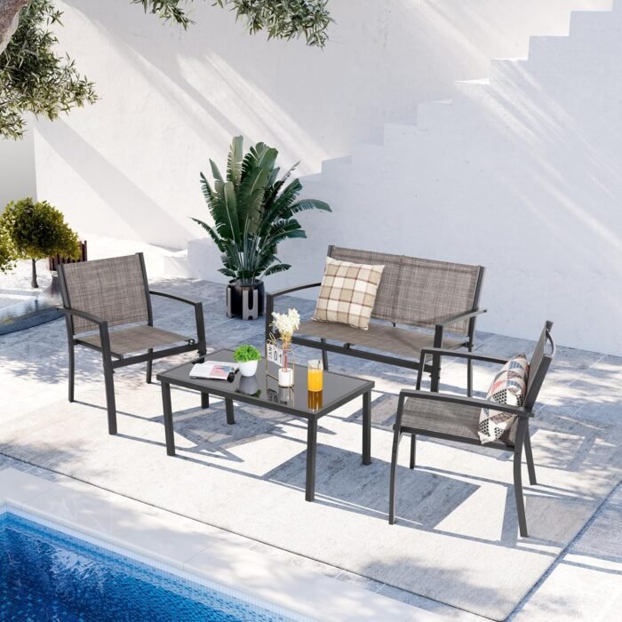 Shintenchi 4 Pieces Patio Furniture Set All Weather Textile Fabric Outdoor Conversation Set, with Glass Coffee Table, Loveseat, 2 Single Chairs for Home, Garden, Lawn, Porch（Light Brown） - Image 8