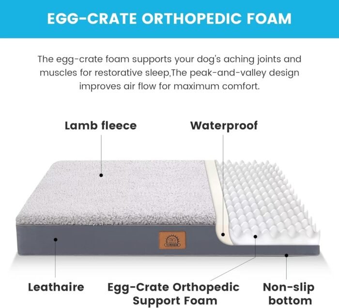 Orthopedic Dog Bed for Large Dogs - Big Waterproof Dog Crate Bed with Removable Washable Cover, Egg Crate Foam Support, Anti-Slip Bottom, Deluxe Plush Pet Bed Mat (Grey) - Image 3