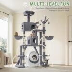 Tall Cat Tree for Indoor Cats, 74" Multi-Level Cat Tower with Cat Condos, Plush Perches & Self-Cleaning Litter Box Base, Modern Cat Tree with Scratching Posts & Hammocks, Grey - Image 3
