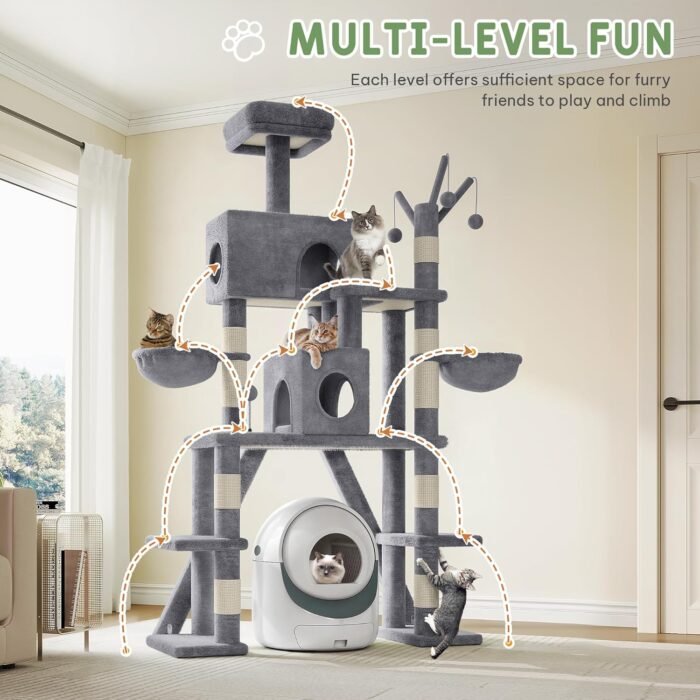 Tall Cat Tree for Indoor Cats, 74" Multi-Level Cat Tower with Cat Condos, Plush Perches & Self-Cleaning Litter Box Base, Modern Cat Tree with Scratching Posts & Hammocks, Grey - Image 3
