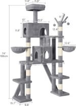 Tall Cat Tree for Indoor Cats, 74" Multi-Level Cat Tower with Cat Condos, Plush Perches & Self-Cleaning Litter Box Base, Modern Cat Tree with Scratching Posts & Hammocks, Grey - Image 4