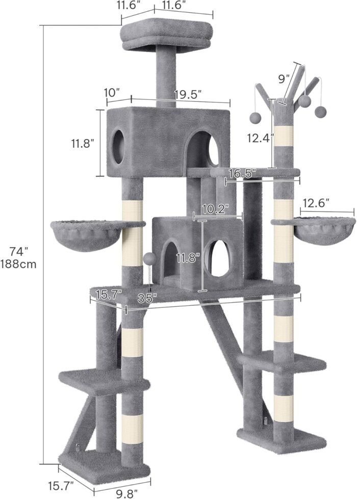 Tall Cat Tree for Indoor Cats, 74" Multi-Level Cat Tower with Cat Condos, Plush Perches & Self-Cleaning Litter Box Base, Modern Cat Tree with Scratching Posts & Hammocks, Grey - Image 4