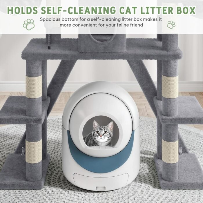 Tall Cat Tree for Indoor Cats, 74" Multi-Level Cat Tower with Cat Condos, Plush Perches & Self-Cleaning Litter Box Base, Modern Cat Tree with Scratching Posts & Hammocks, Grey - Image 5