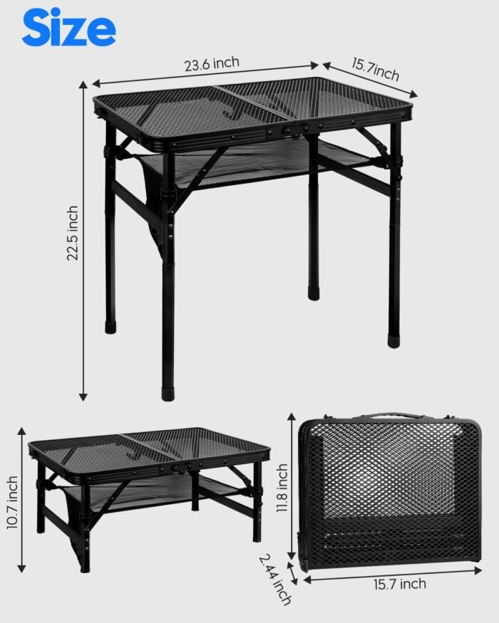MSDADA Folding Grill Table, Height Adjustable Aluminum Table with Mesh Desktop and Mesh Bag, Portable Grill Table for Outdoor Camping, Picnic, Patio, Dining, BBQ, Party, Black, 23.6×15.7 inch - Image 3
