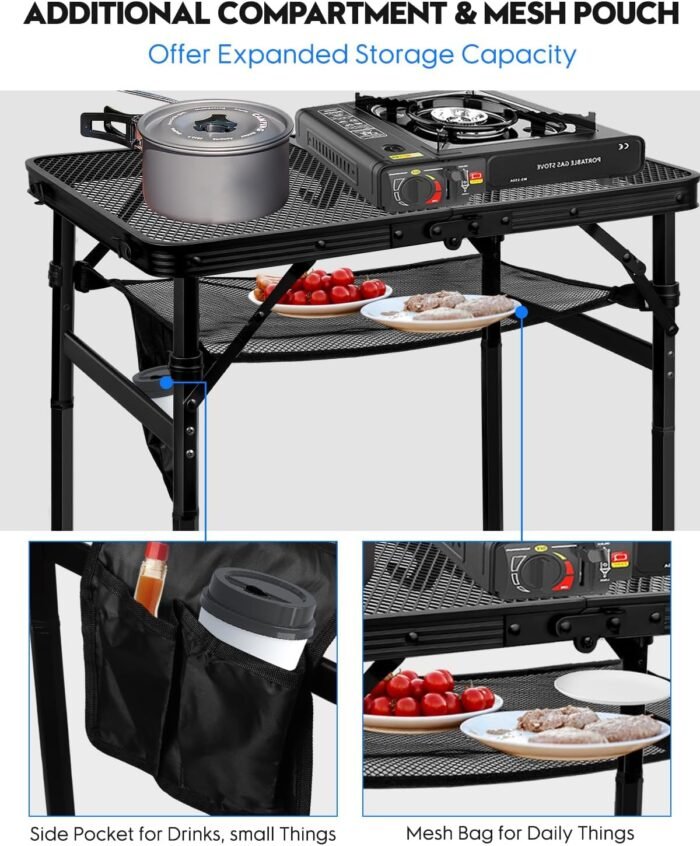 MSDADA Folding Grill Table, Height Adjustable Aluminum Table with Mesh Desktop and Mesh Bag, Portable Grill Table for Outdoor Camping, Picnic, Patio, Dining, BBQ, Party, Black, 23.6×15.7 inch - Image 8