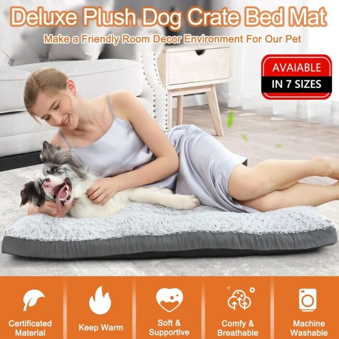 POCBLUE Deluxe Washable Dog Bed for Large Dogs Dog Crate Mat 35 Inch Comfy Fluffy Kennel Pad Anti-Slip for Dogs Up to 60 lbs, 35" x 23", Grey - Image 3