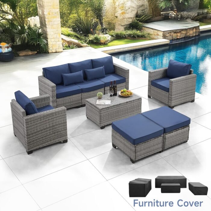 6 Pieces Outdoor Patio Furniture Sets with Furniture Cover, PE Rattan Wicker Patio Conversation Set with Tea Table (Royal Blue, Rattan Storage Table) - Image 3