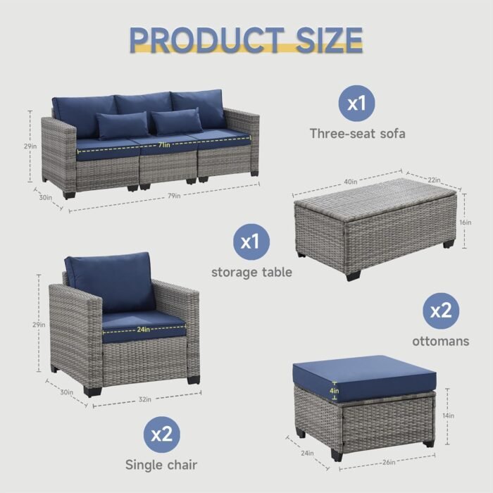 6 Pieces Outdoor Patio Furniture Sets with Furniture Cover, PE Rattan Wicker Patio Conversation Set with Tea Table (Royal Blue, Rattan Storage Table) - Image 4