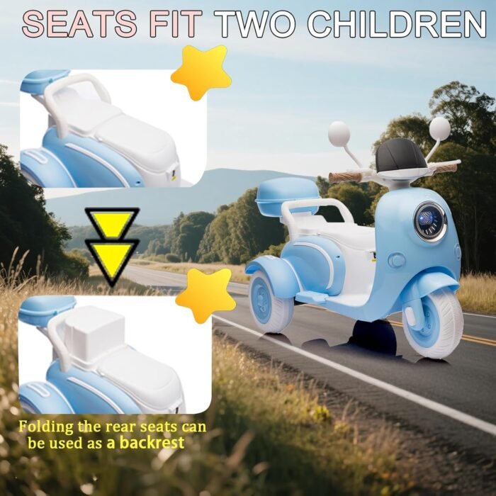 12V 2-Seater Ride On Motorcycle Kids Ride on Toy Battery Powered Electric Dirt Bike Kids ATV Off-Road Street Bike with 3 Wheels, Storage Trunk, Built-in Music for Boys and Girls, Blue - Image 3