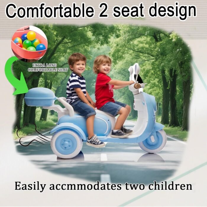 12V 2-Seater Ride On Motorcycle Kids Ride on Toy Battery Powered Electric Dirt Bike Kids ATV Off-Road Street Bike with 3 Wheels, Storage Trunk, Built-in Music for Boys and Girls, Blue - Image 4