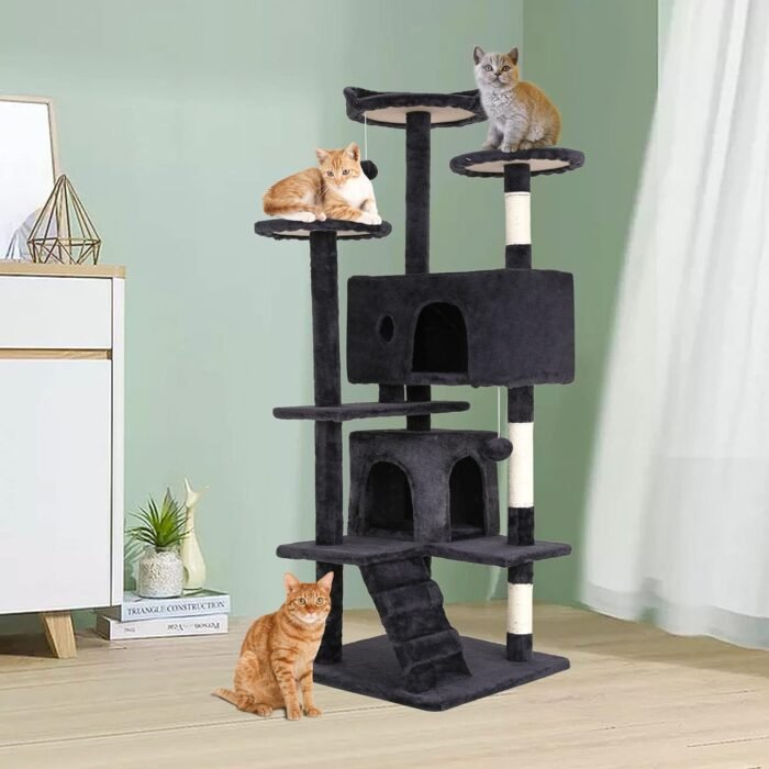 BestPet | 54" Cat Tree Tower | Dark Gray | Sturdy, Easy to Assemble, Multi-Level Activity Center with Sisal Scratching Posts, Condos, Perches, Hanging Cat Toys, Observation Decks & Ladder - Image 3