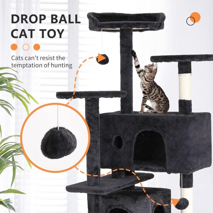 BestPet | 54" Cat Tree Tower | Dark Gray | Sturdy, Easy to Assemble, Multi-Level Activity Center with Sisal Scratching Posts, Condos, Perches, Hanging Cat Toys, Observation Decks & Ladder - Image 4