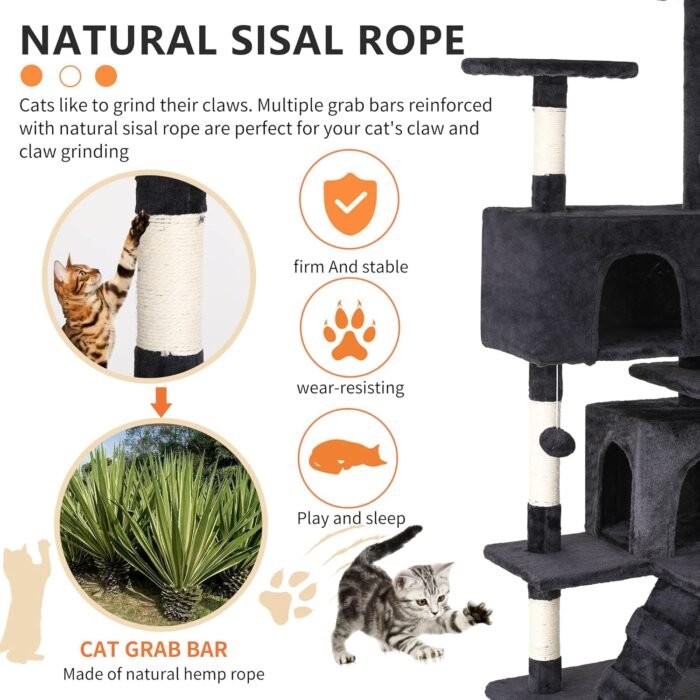 BestPet | 54" Cat Tree Tower | Dark Gray | Sturdy, Easy to Assemble, Multi-Level Activity Center with Sisal Scratching Posts, Condos, Perches, Hanging Cat Toys, Observation Decks & Ladder - Image 5