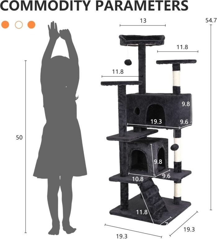 BestPet | 54" Cat Tree Tower | Dark Gray | Sturdy, Easy to Assemble, Multi-Level Activity Center with Sisal Scratching Posts, Condos, Perches, Hanging Cat Toys, Observation Decks & Ladder - Image 8