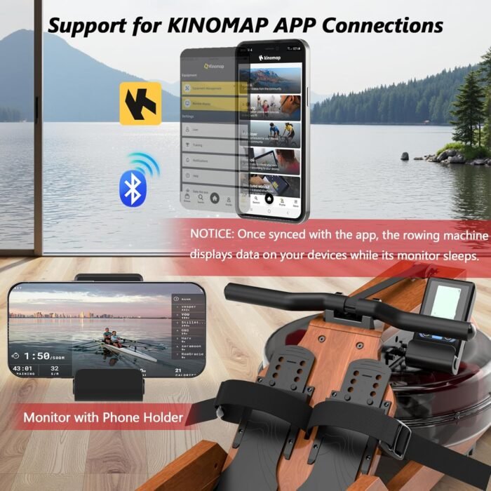 Water Rowing Machine for Home, WENOKER Foldable Wooden Rower with Bluetooth APP & LCD Monitor, Large Water Tank, Comfortable Seat, 350LBS Capacity, Compact Space-Saving Design - Image 4