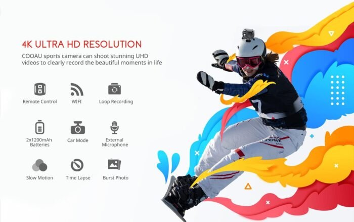 COOAU 4K 20MP Wi-Fi Action Camera External Microphone Remote Control Underwater 40M Waterproof Sport Camera Time Lapse with 2X1200mAh Batteries and 20 Accessories - Image 3
