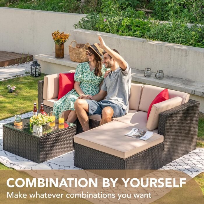 Devoko 5 Pieces Patio Furniture Sets All Weather Outdoor Sectional Patio Sofa Manual Weaving Wicker Rattan Patio Seating Sofas with Cushion and Glass Table(Beige) - Image 3