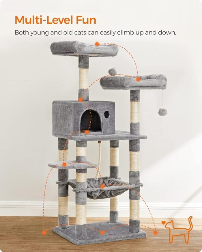 FEANDREA Cat Tree, Cat Tower for Indoor Cats, 56.3-Inch Cat Condo with Scratching Posts, Hammock, Plush Perch, Light Gray UPCT15W - Image 3