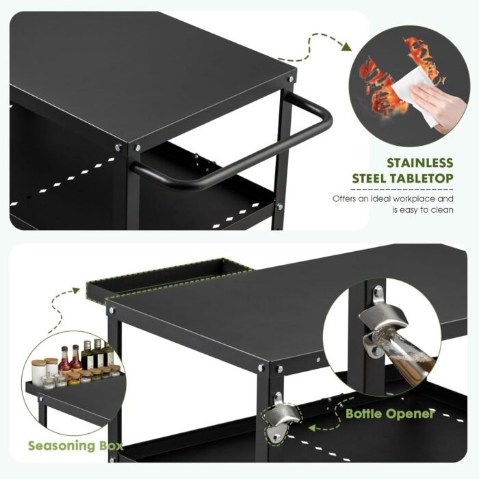 Outdoor Grill Cart Table,Indoor and Outdoor Pizza Oven Table,with 4 Movable Total Lock Casters, Hooks, Side Handle Multifunctional (Black) - Image 3