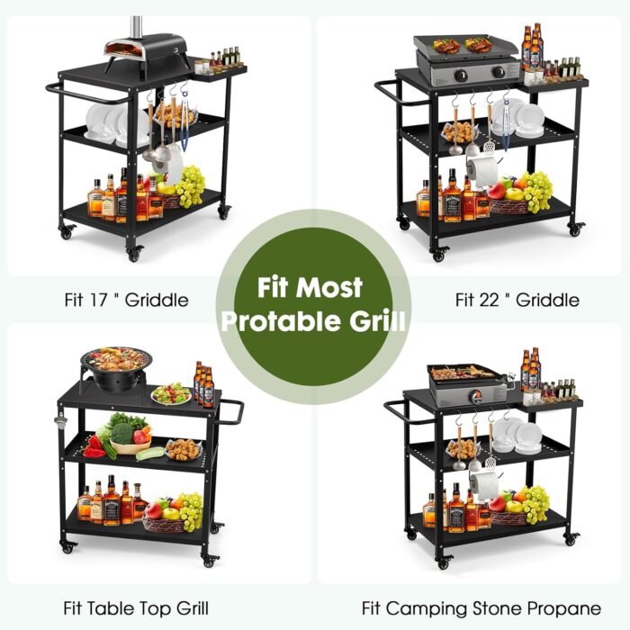 Outdoor Grill Cart Table,Indoor and Outdoor Pizza Oven Table,with 4 Movable Total Lock Casters, Hooks, Side Handle Multifunctional (Black) - Image 4
