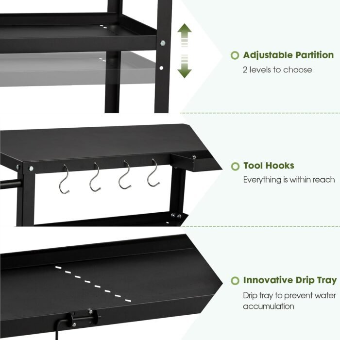 Outdoor Grill Cart Table,Indoor and Outdoor Pizza Oven Table,with 4 Movable Total Lock Casters, Hooks, Side Handle Multifunctional (Black) - Image 5