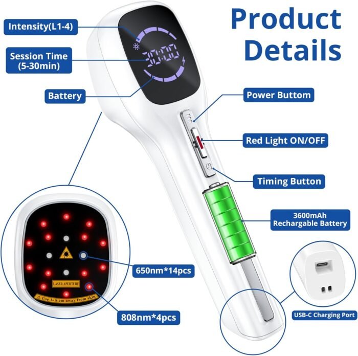 Cold Laser Therapy Device for Humans & Dogs, 4x808nm + 14x650nm Red Light Therapy for Body Pain Relief, Handheld lllt Near Infrared Light Wand with Stand for Joint, Back, Knee, Muscle Use - Image 4