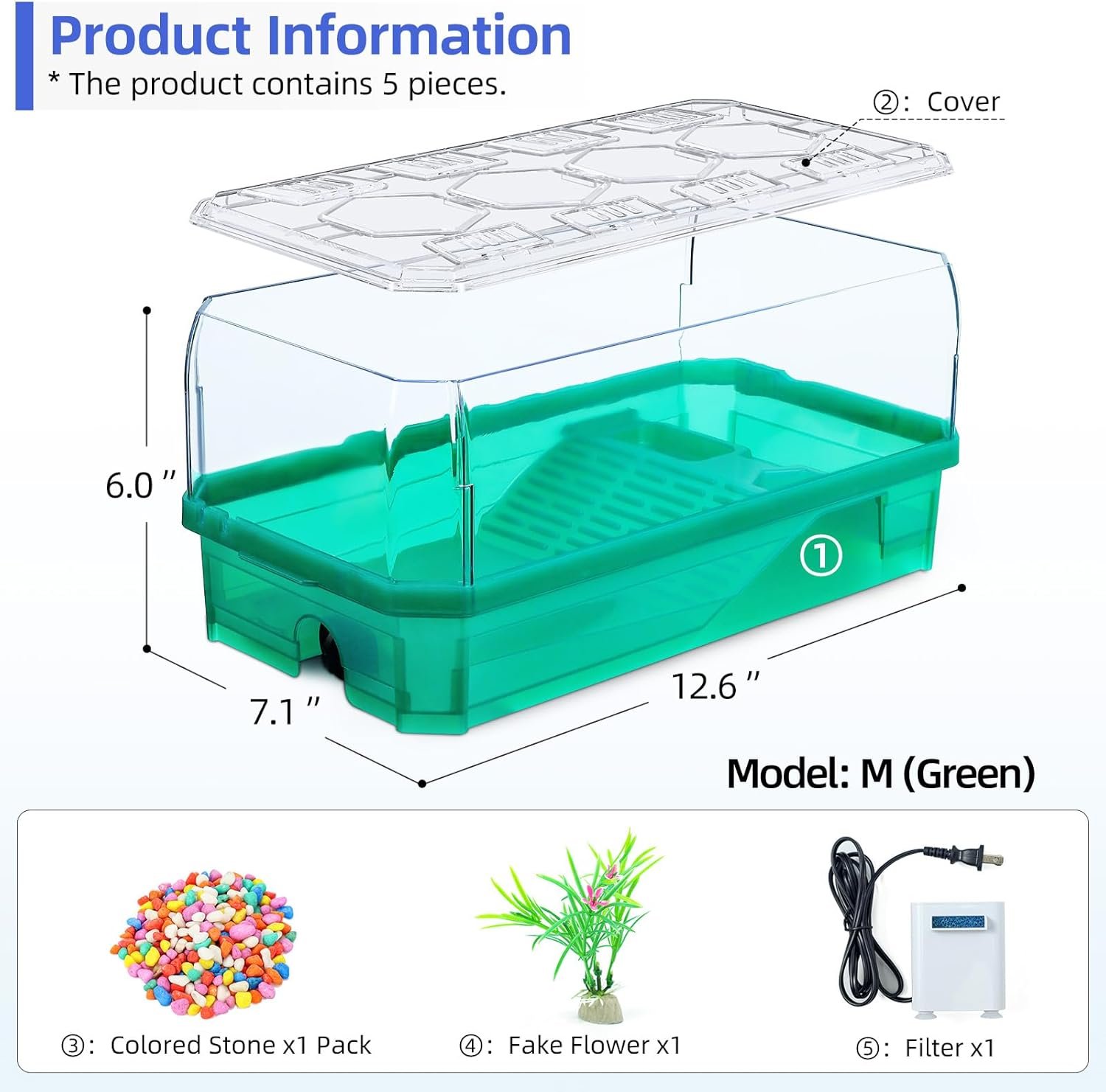Turtle cage Tortoise Terrarium with Pump＆Filter with Shower Function Easy to Change Water and Clean Water for Turtle Horned Frog Hermit Crab (Green, Medium) - Image 3