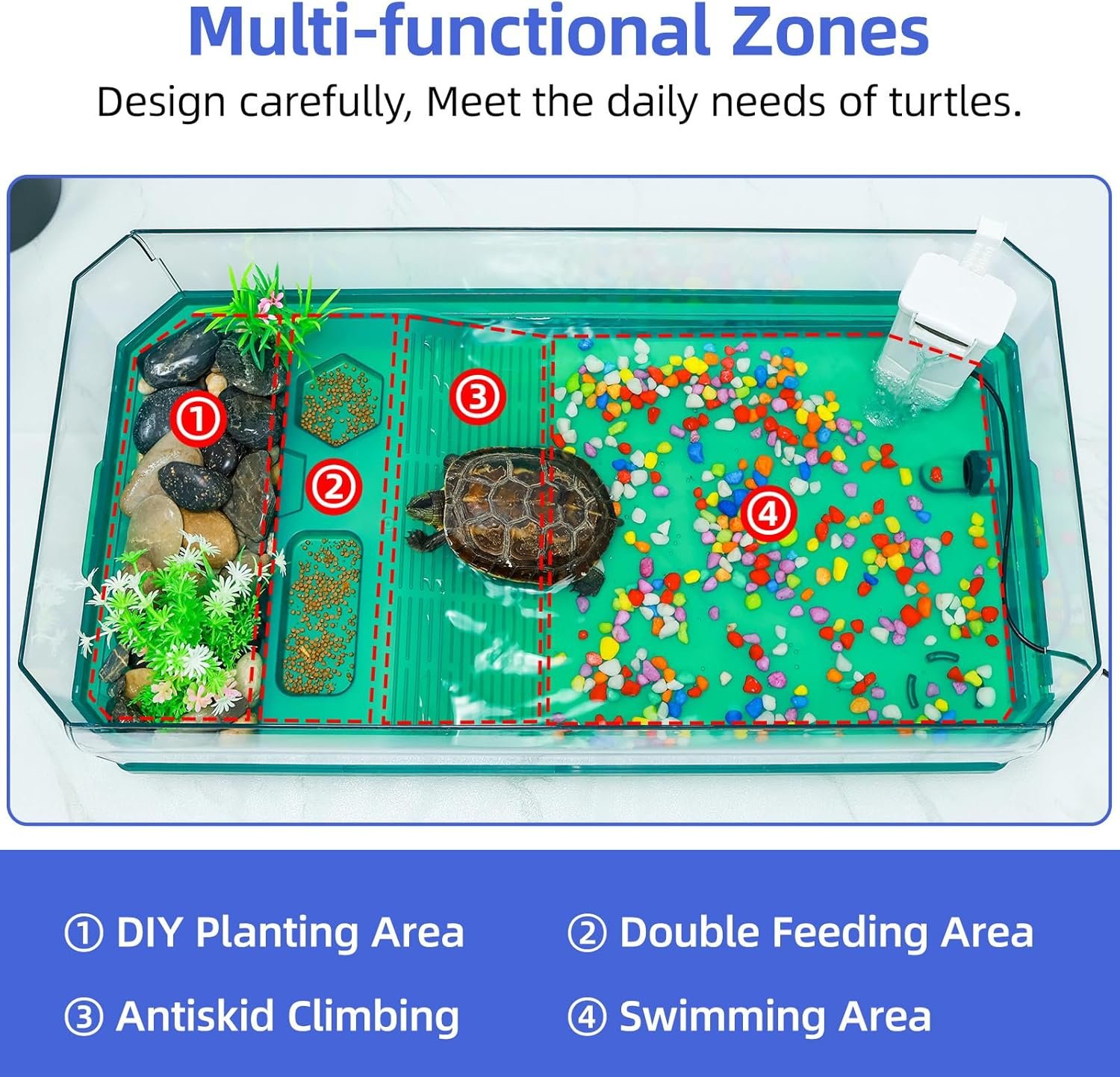 Turtle cage Tortoise Terrarium with Pump＆Filter with Shower Function Easy to Change Water and Clean Water for Turtle Horned Frog Hermit Crab (Green, Medium) - Image 5