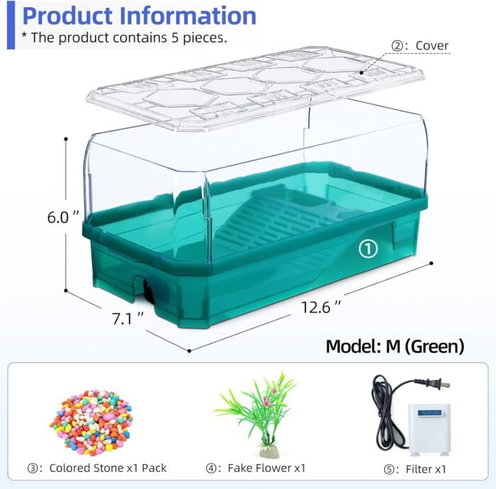 Turtle cage Tortoise Terrarium with Pump＆Filter with Shower Function Easy to Change Water and Clean Water for Turtle Horned Frog Hermit Crab (Green, Medium) - Image 6