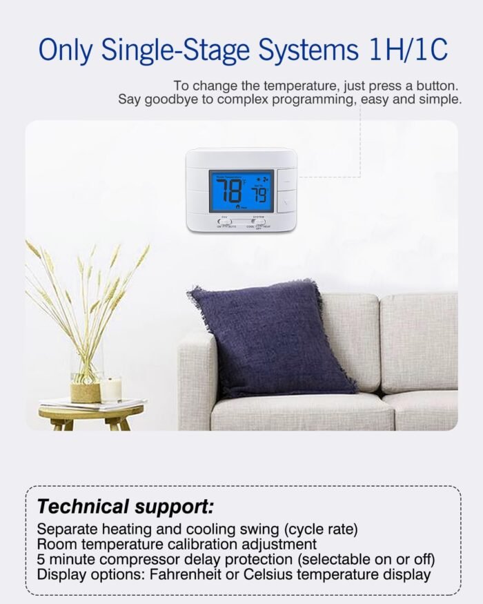Non Programmable Thermostat for Home 1 Heat/ 1 Cool Single-Stage System, with Room Temperature Monitor (LCD Blue Backlit Screen) - Image 4
