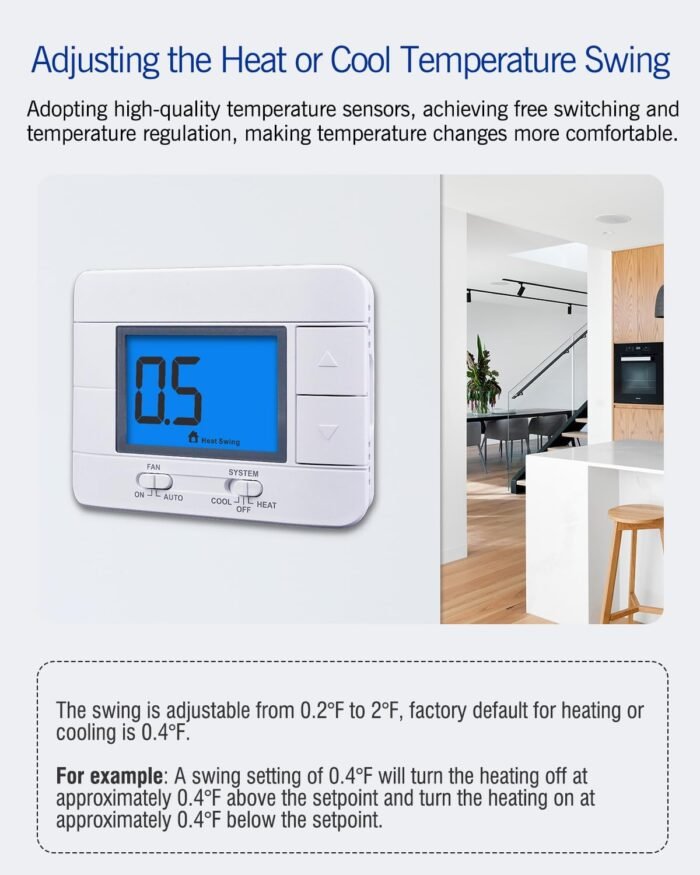 Non Programmable Thermostat for Home 1 Heat/ 1 Cool Single-Stage System, with Room Temperature Monitor (LCD Blue Backlit Screen) - Image 5