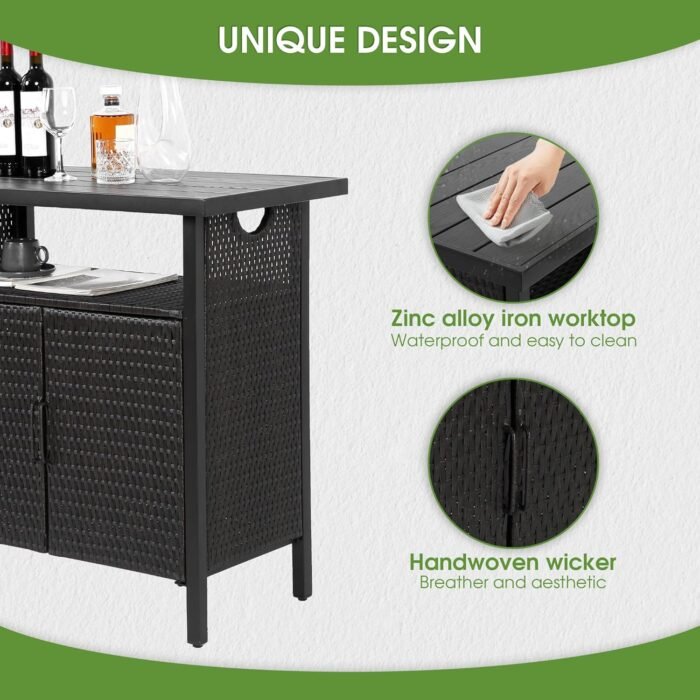 HOMEFUN Outdoor Bar Table Featuring Storage Cabinet: Wheeled Patio Serving Carts, Wicker Grill Cart Prep Station & Rolling Kitchen Island for Patio, Backyard and Outside Use, in Black - Image 4