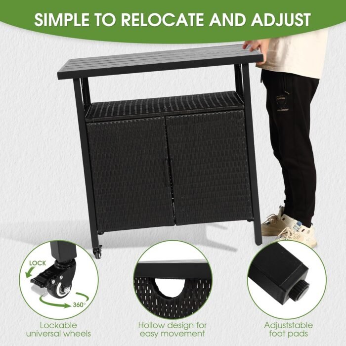 HOMEFUN Outdoor Bar Table Featuring Storage Cabinet: Wheeled Patio Serving Carts, Wicker Grill Cart Prep Station & Rolling Kitchen Island for Patio, Backyard and Outside Use, in Black - Image 5