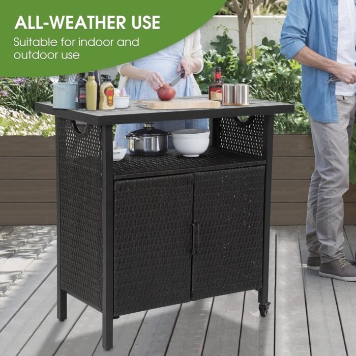HOMEFUN Outdoor Bar Table Featuring Storage Cabinet: Wheeled Patio Serving Carts, Wicker Grill Cart Prep Station & Rolling Kitchen Island for Patio, Backyard and Outside Use, in Black - Image 8