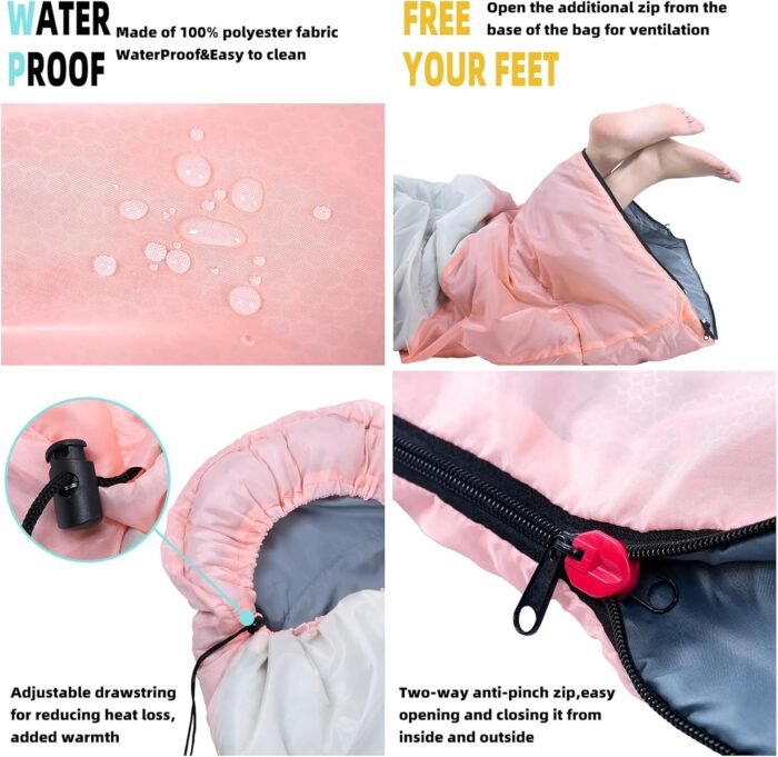 Sleeping Bag for Adults, Girls, Boys - 3 Season Warm & Cool Weather Lightweight Waterproof Camping Bag for Hiking, Outdoor Travel - Image 5