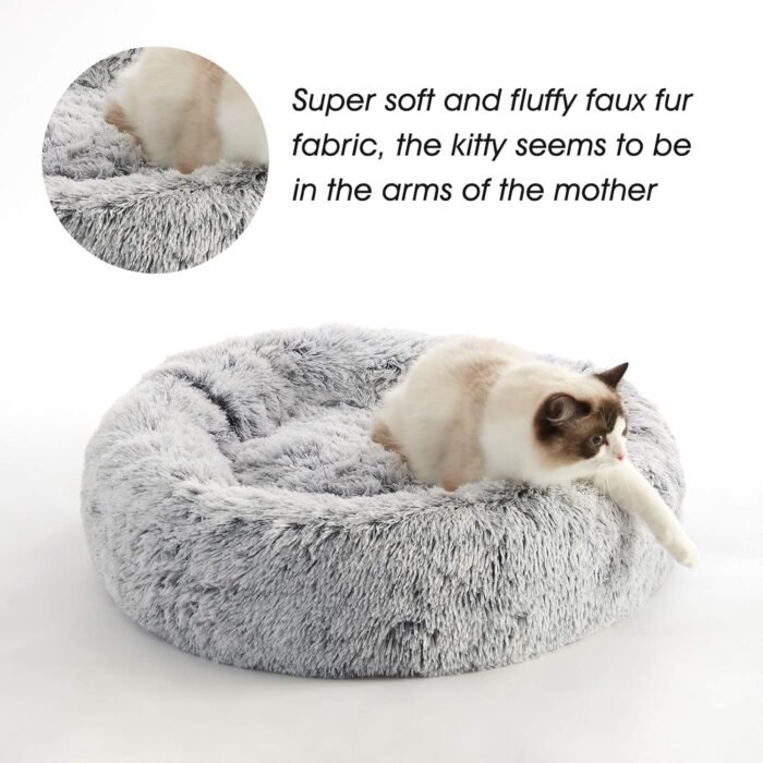 WESTERN HOME WH Calming Soft Round Dog & Cat Bed, Anti-Anxiety Donut Cuddler Warming Cozy Fluffy Faux Fur Plush Cushion Bed for Small Medium Dogs and Cats (20"/24"/27"/30"), Light Grey - Image 4