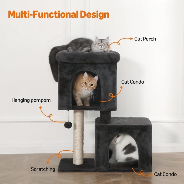 Amazon Basics 30-Inch Cat Tree Tower, Activity Center with 2 Plush Condos, Sisal Scratching Post and Hanging Pompom, Gray - Image 3