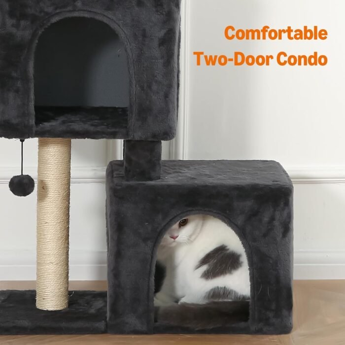 Amazon Basics 30-Inch Cat Tree Tower, Activity Center with 2 Plush Condos, Sisal Scratching Post and Hanging Pompom, Gray - Image 5